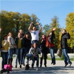 German language students jumping German language students jumping